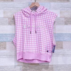 Champion Campus French Terry Hoodie Pink White Gingham Sleeveless Womens Medium